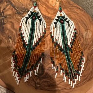 Handcrafted Beaded Earrings in Green and Gold